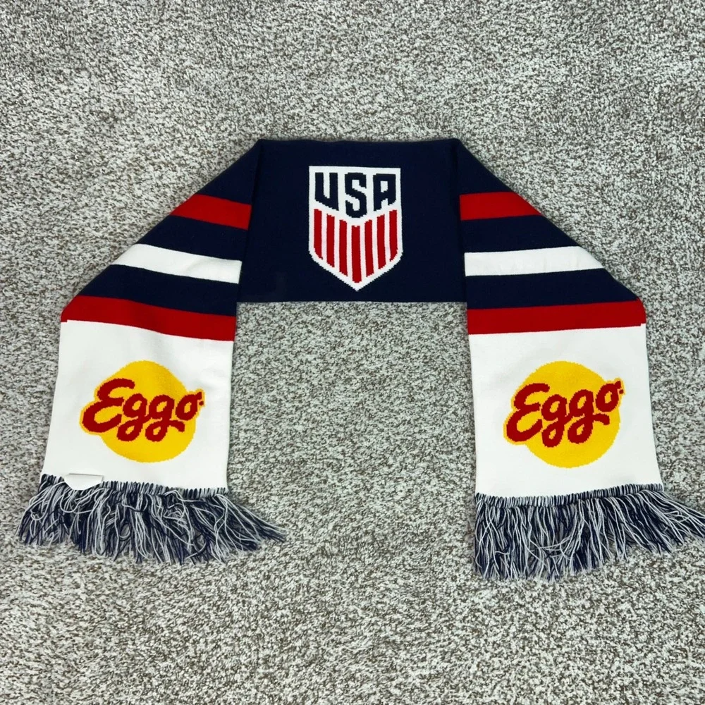USA Soccer Scarf Mens OS Blue Red White Knit Fringe Fan Gear USA Soccer Logo